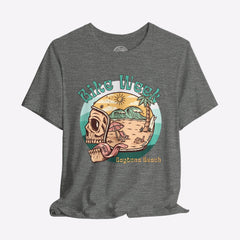 Gray t-shirt with a graphic design of a skull, beach scene, and 'Bike Week Daytona Beach' text on a gray background.