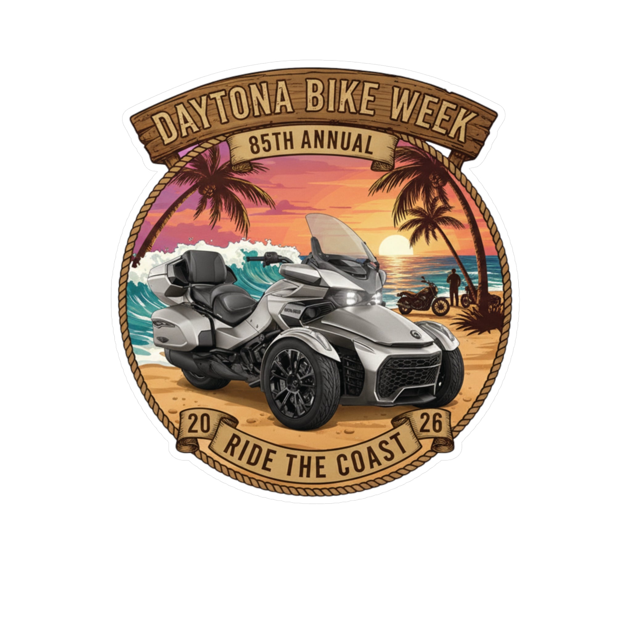 Logo for the 85th Annual Daytona Bike Week with a motorcycle and beach scene.
