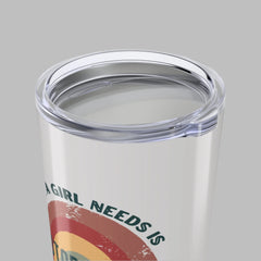 Clear tumbler with a colorful design and text on a white background