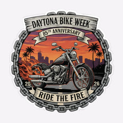 Daytona Bike Week 95th Anniversary logo with a motorcycle and sunset background.