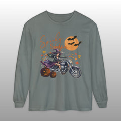 Spooky Season Biker Witch Halloween Long Sleeve Crew Neck TShirt