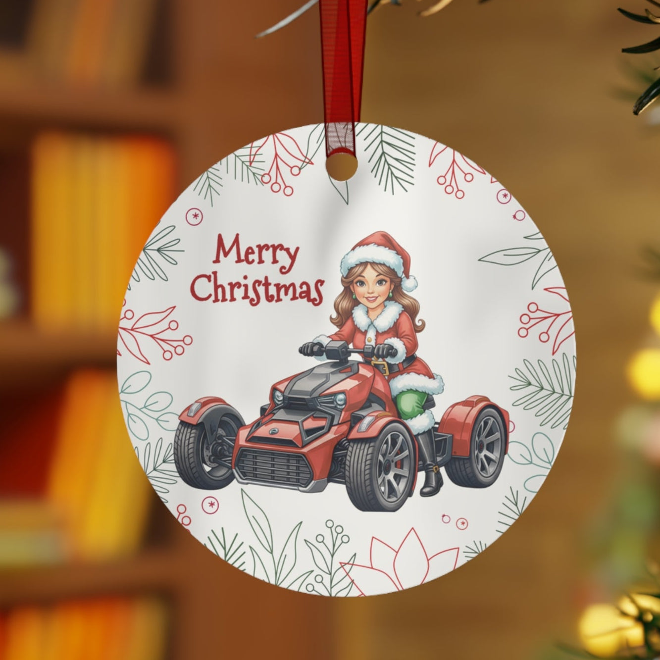 Christmas ornament with a design of a person in a Santa hat riding a red ATV, hanging on a tree.