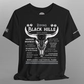 Black t-shirt with white graphic design on a gray background