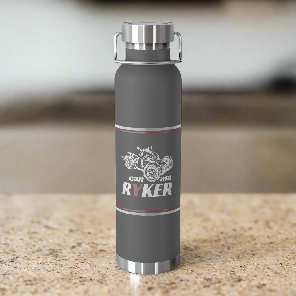 Gray water bottle with silver cap and 'can-am Roker' branding on a white background