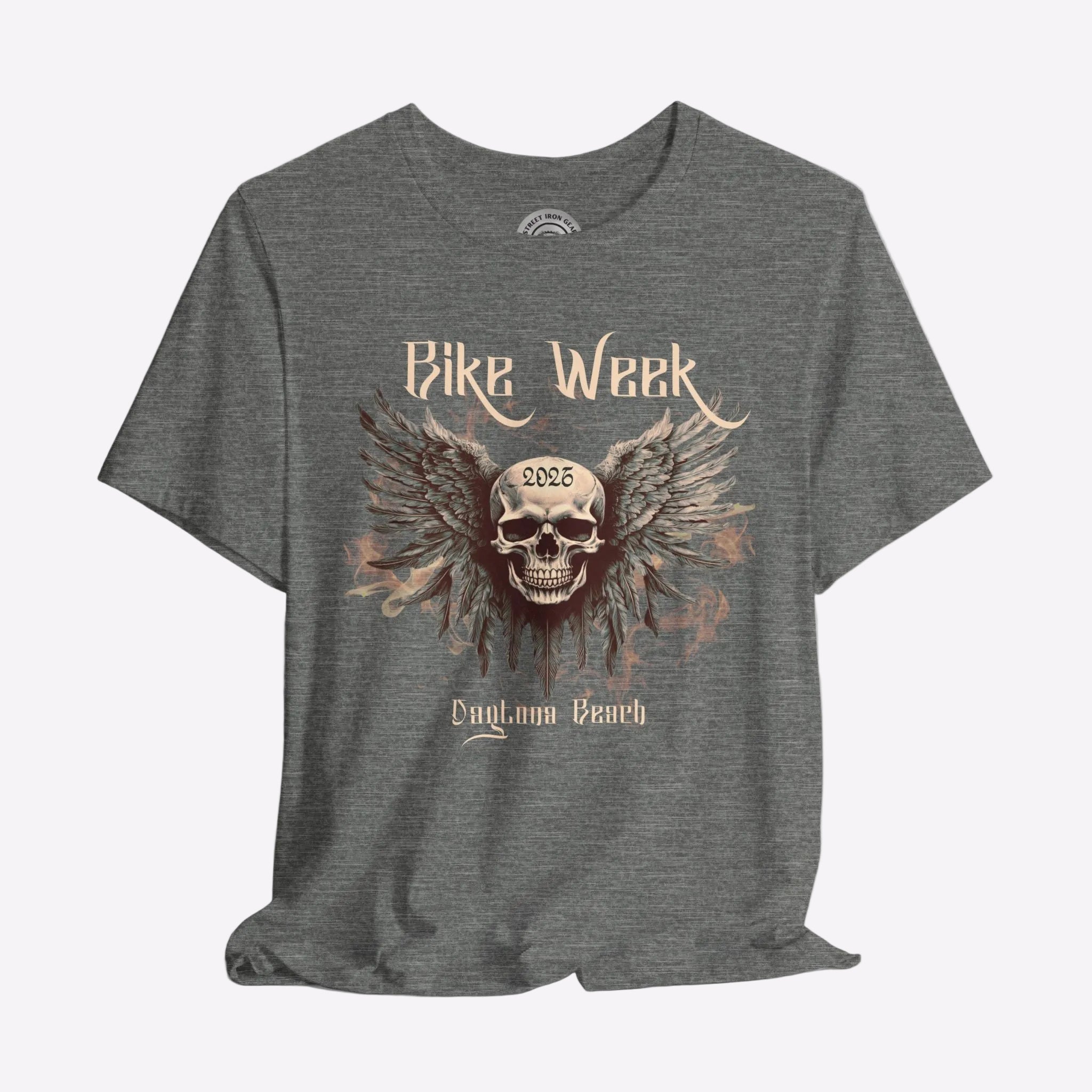 Gray t-shirt with a skull and wings design and 'Bike Week 2022 Daytona Beach' text on a gray background