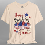 Beige t-shirt with 'Happy Birthday America 2026' text and graphics on a gray background