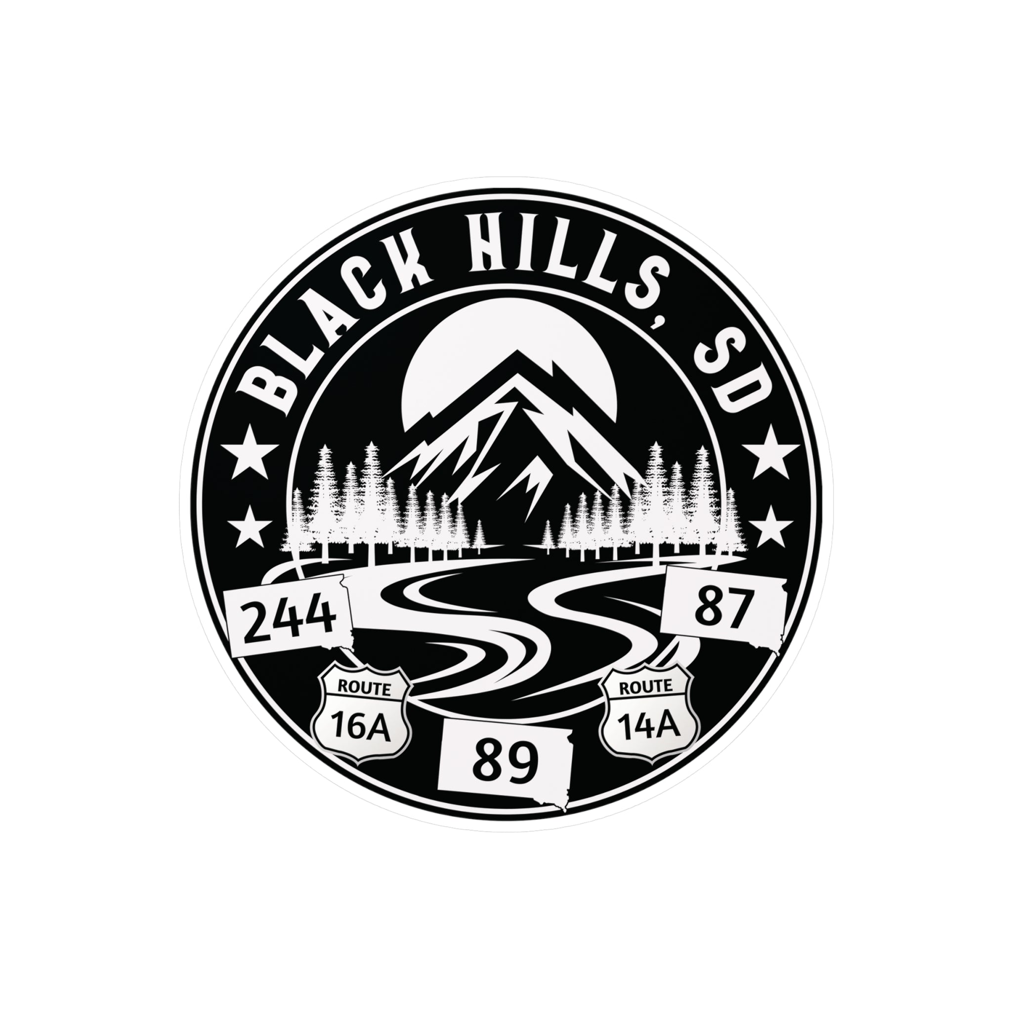 Black and white logo of Black Hills, SD with mountain and road design.
