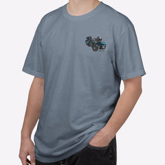 Man wearing a gray t-shirt with a small graphic on a white background