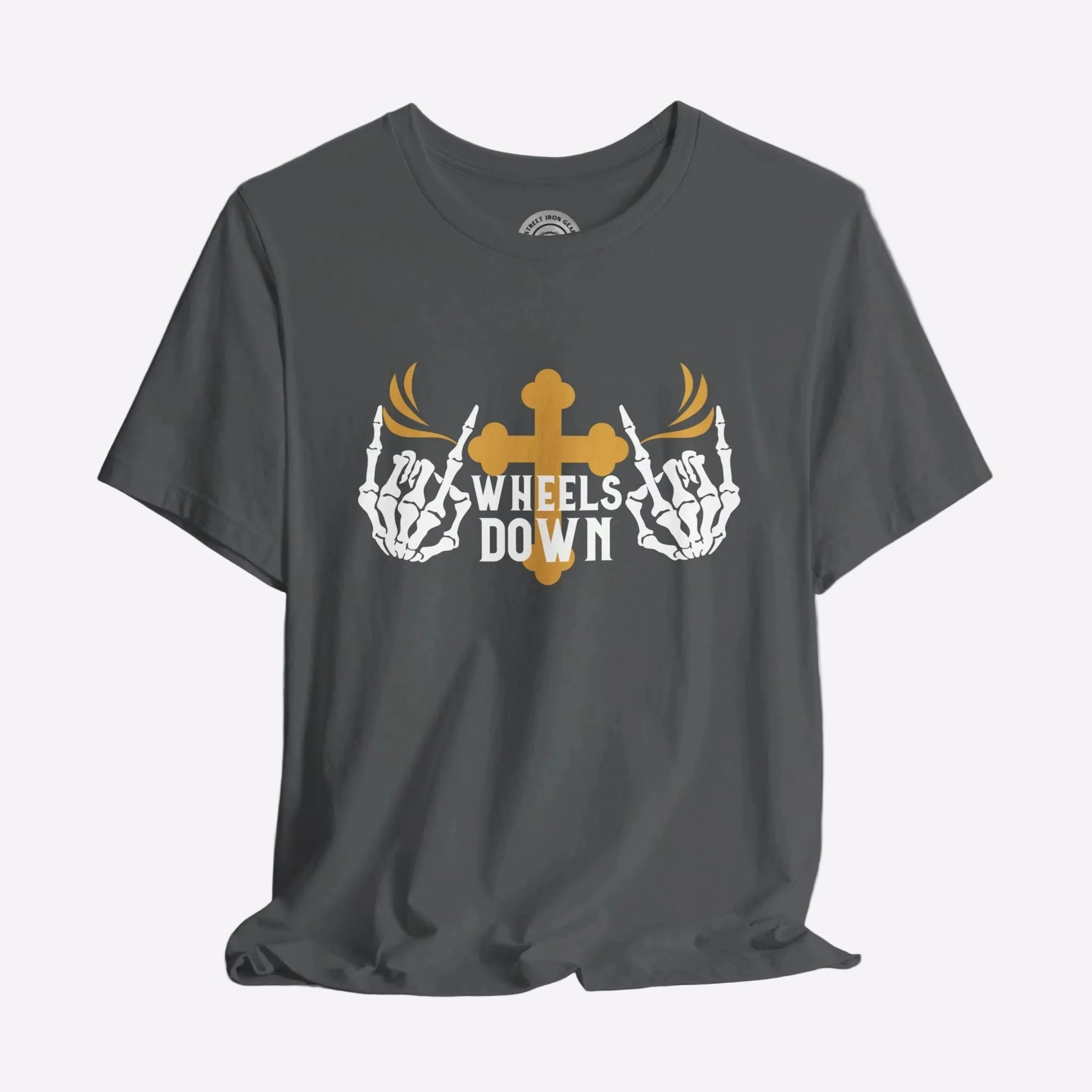 A black crew neck t-shirt with a graphic print of skeleton hands, a gold cross, and the text 'Wheels Down'.