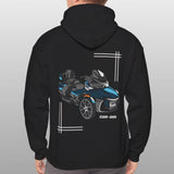 Person wearing a black hoodie with a Can-Am vehicle design on the back against a gray background