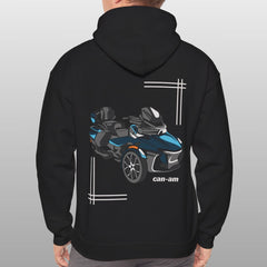 Person wearing a black hoodie with a Can-Am vehicle design on the back against a gray background