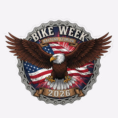 Logo for Bike Week Daytona Florida 2026 featuring an eagle and American flag on a white background.