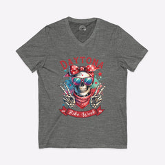 Daytona Bike Week 2026 Women's V-Neck | Hipster Skull & Bow Tee