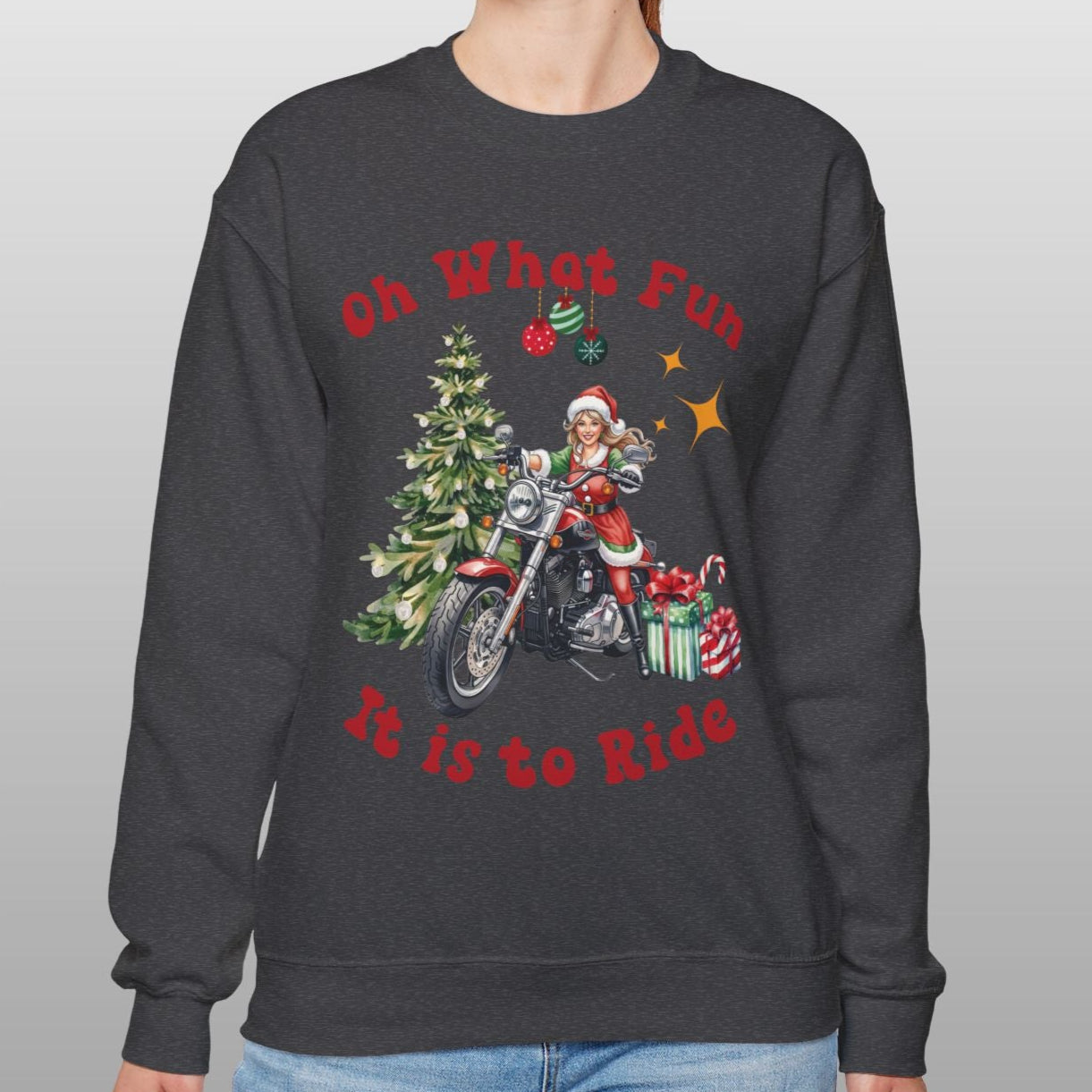 Person wearing a black sweatshirt with Christmas-themed design on a plain background