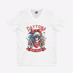 Daytona Bike Week 2026 Women's V-Neck | Hipster Skull & Bow Tee