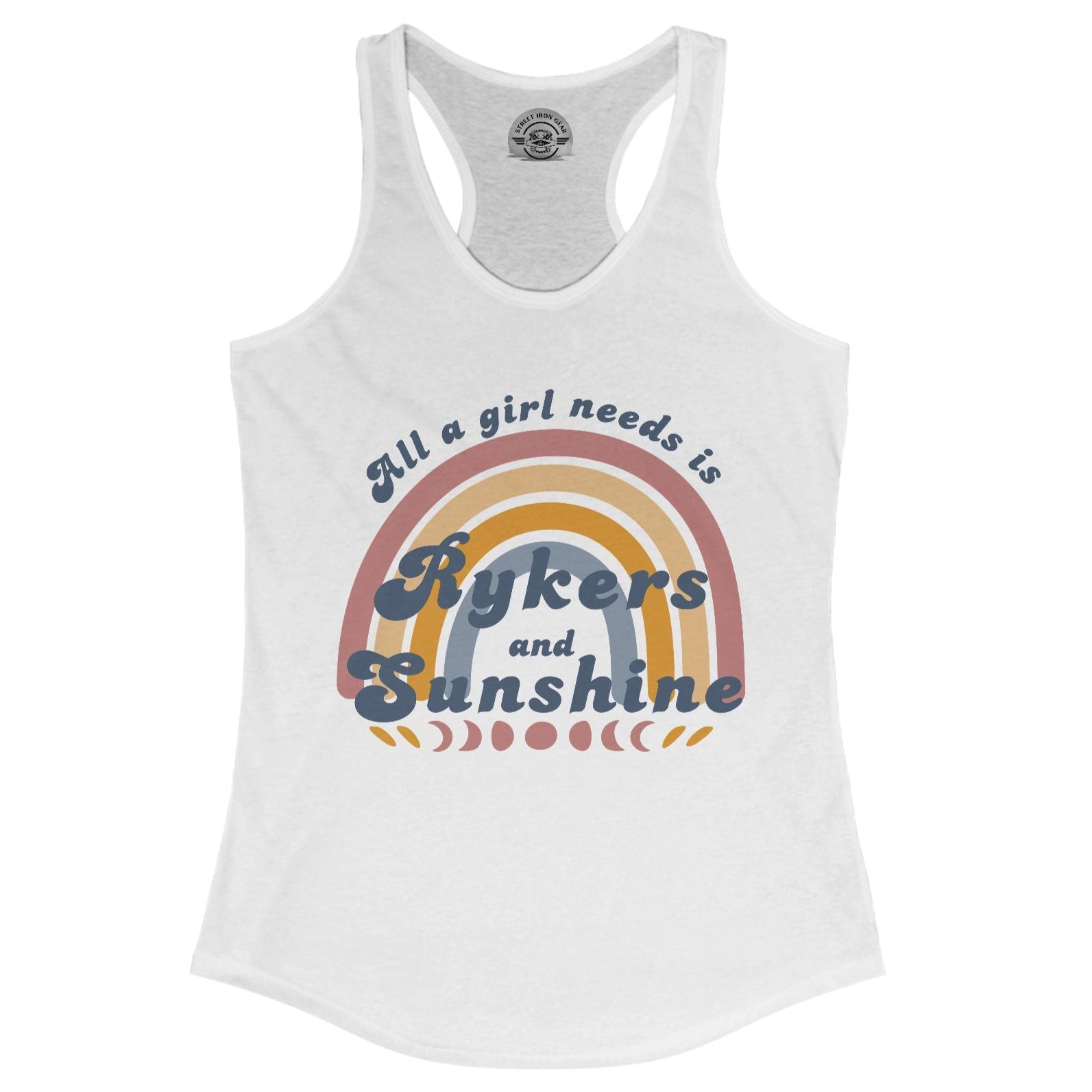 White tank top with rainbow and text design on a white background