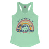Mint green tank top with rainbow and text design on a white background