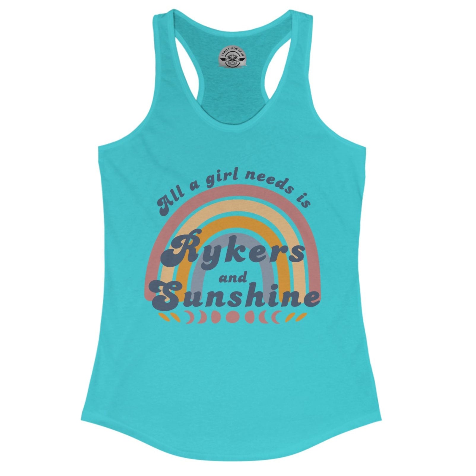 Turquoise tank top with rainbow and text design on a white background