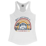 White tank top with rainbow and text design on a white background