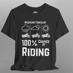 Black t-shirt with white graphic and text on a gray background