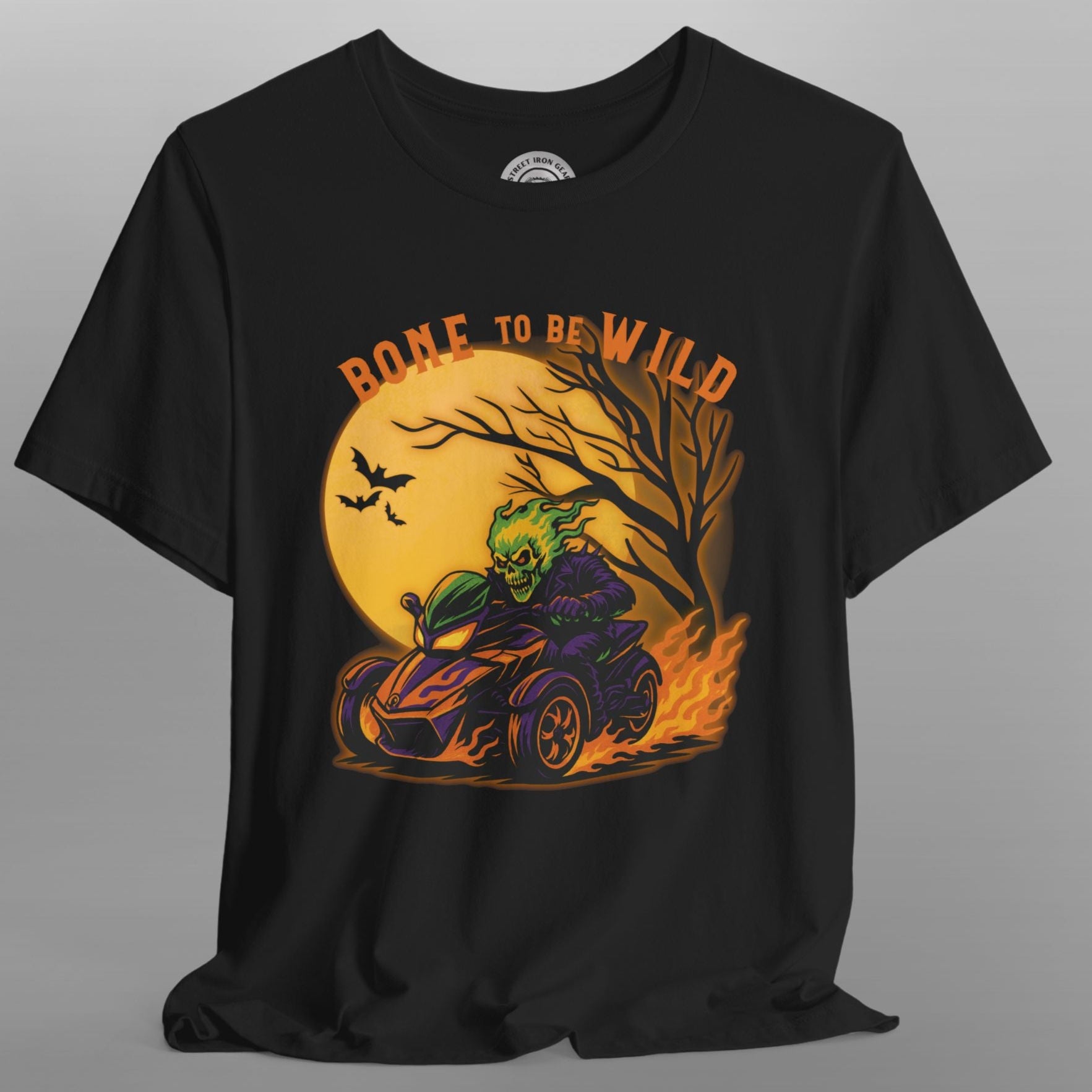 Black t-shirt with a Halloween-themed graphic of a green ghost on a motorcycle and 'Bone to be Wild' text.