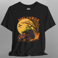 Black t-shirt with a Halloween-themed graphic of a green ghost on a motorcycle and 'Bone to be Wild' text.