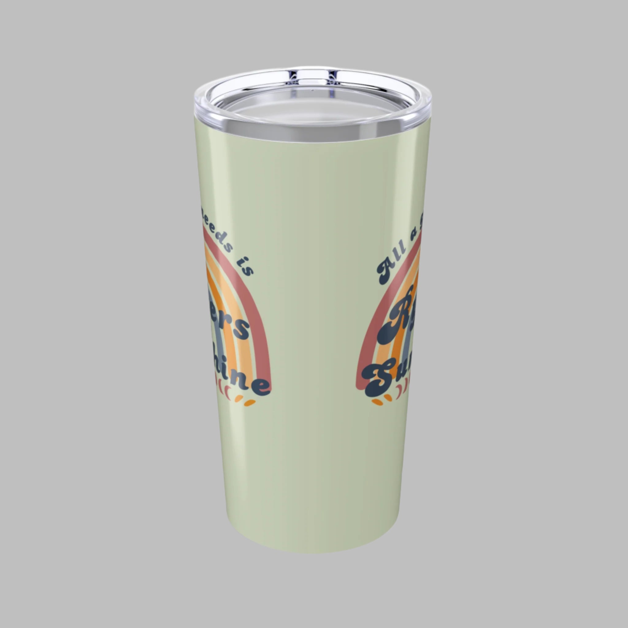 Light green tumbler with rainbow design and text on a white background