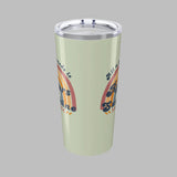 Light green tumbler with rainbow design and text on a white background