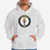 Person wearing a white hoodie with a logo on a white background