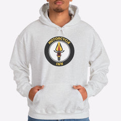 Person wearing a white hoodie with a logo on a white background