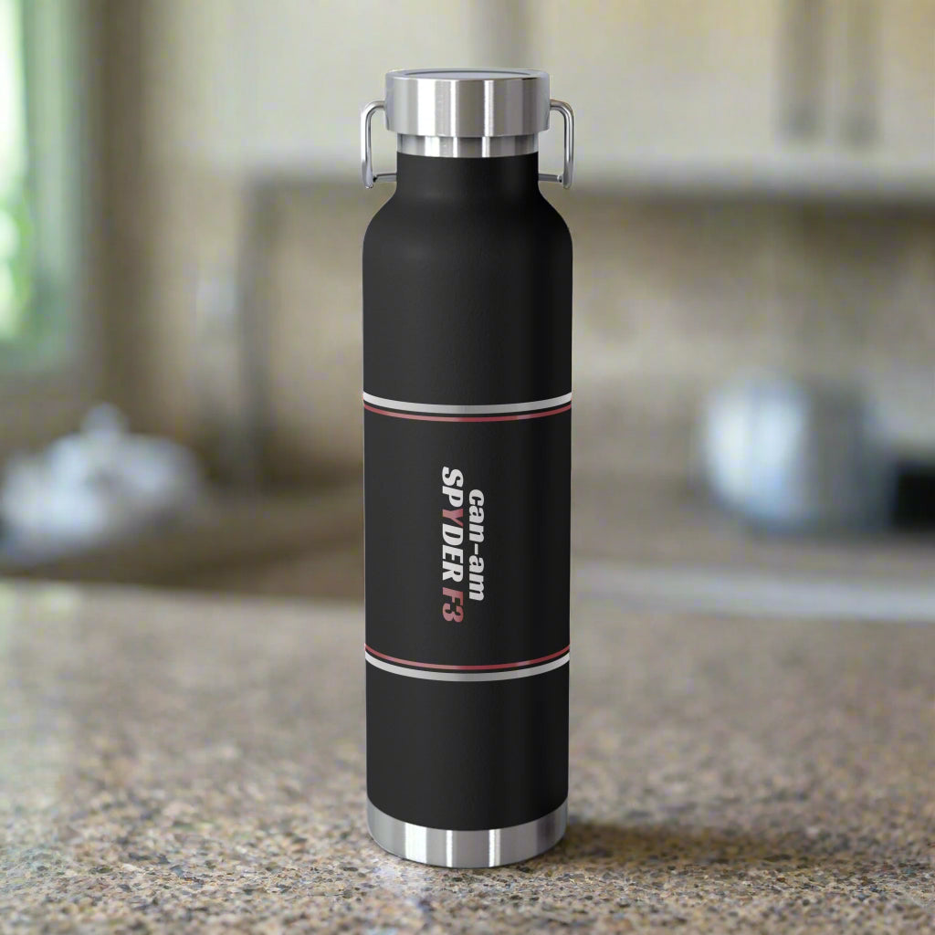 Black insulated bottle with silver lid and Can-Am Spyder F3 logo on a white background