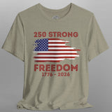Green t-shirt with American flag and text on a gray background