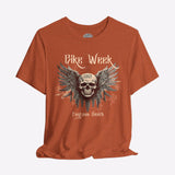 Orange t-shirt with a skull design and text on a gray background