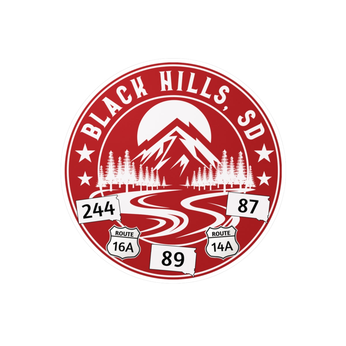 Logo of Black Hills, SD with mountain and road design on a red circle.