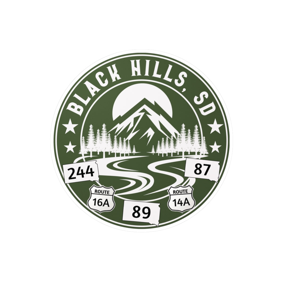 Logo of Black Hills, SD with mountain and road design on a Green background