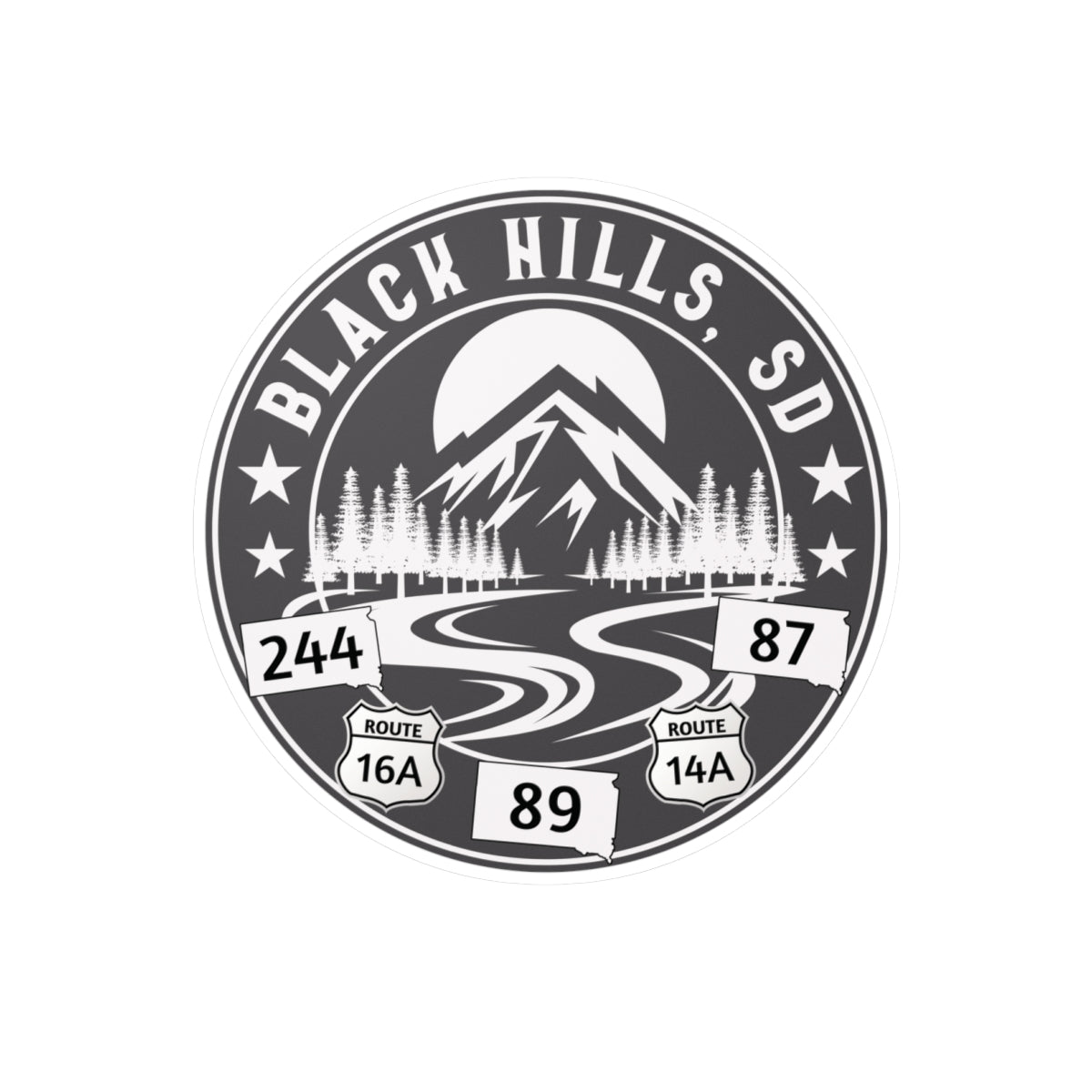 Black Hills, SD logo with mountain and road design on a grey background