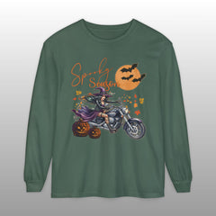 Spooky Season Biker Witch Halloween Long Sleeve Crew Neck TShirt