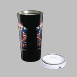 Black tumbler with colorful eagle design on a white background