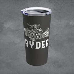 A black insulated travel mug with a graphic of a motorcycle and the word 'Ryder' printed on it.