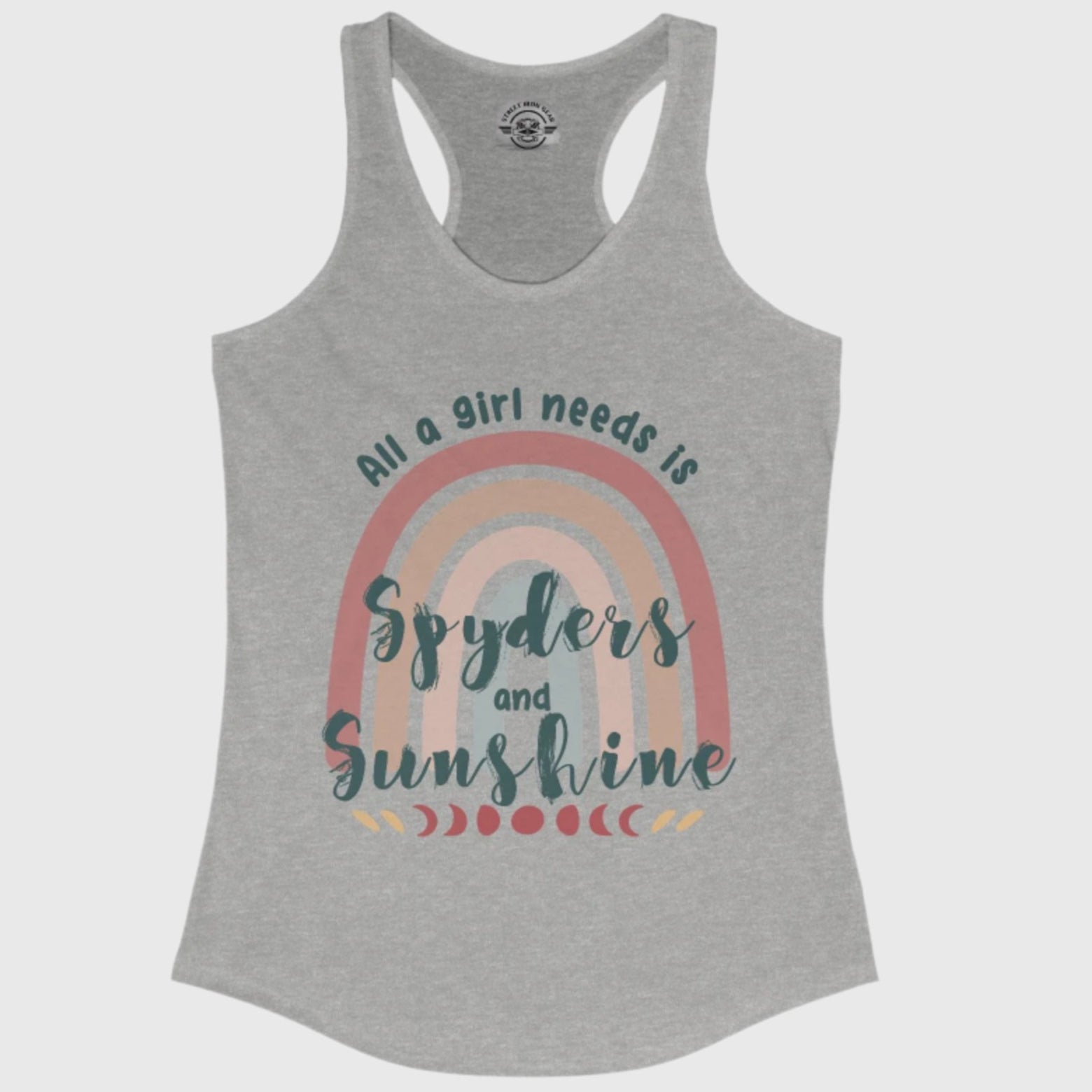 Gray tank top with rainbow and text design on a white background