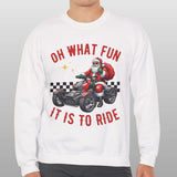 Person wearing a white sweatshirt with a graphic design and text on a gray background