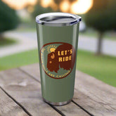 Green tumbler with 'Let's Ride' graphic on a white background