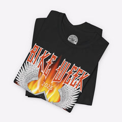 Black t-shirt with 'Bike Week 2026' design featuring flames and wings on a white background.