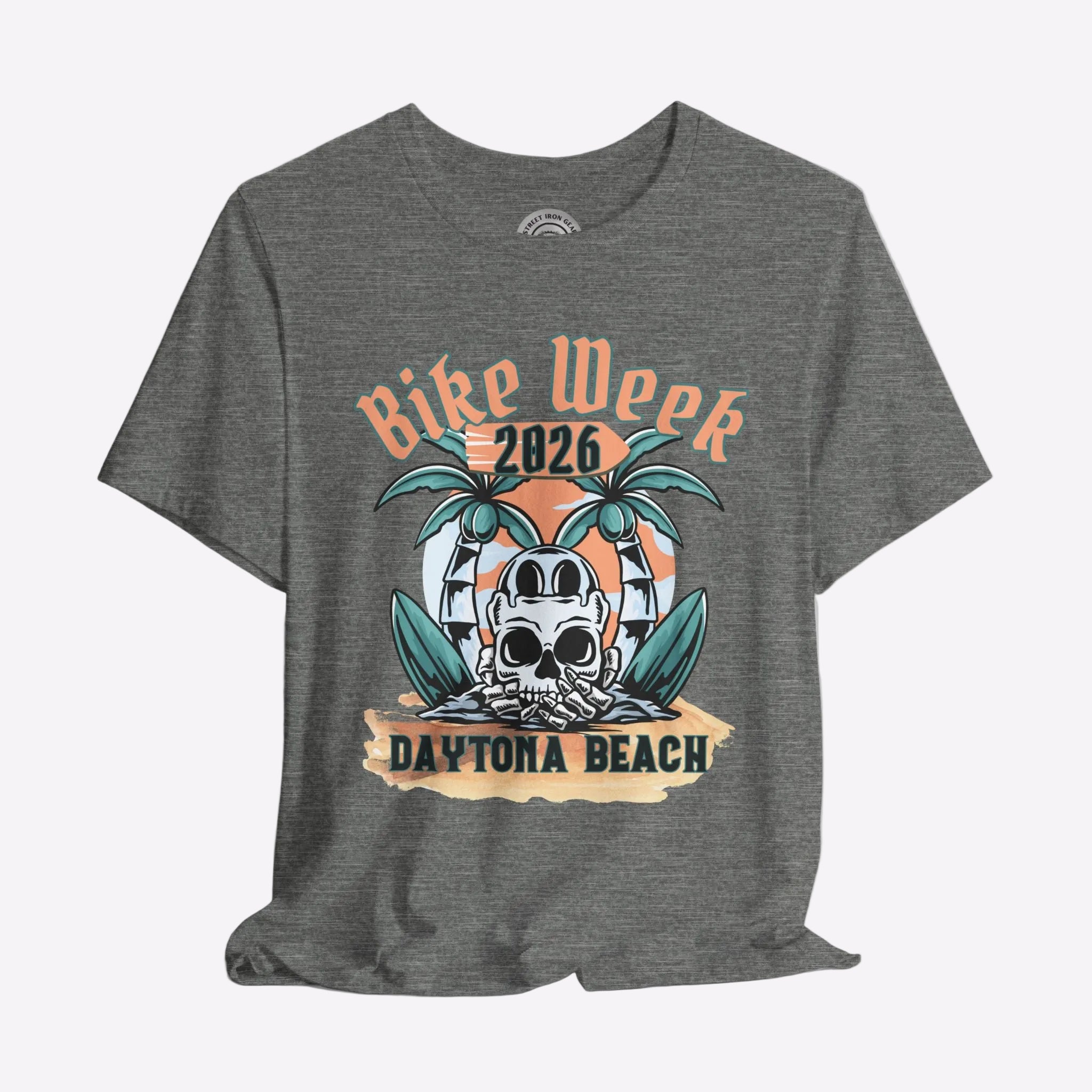Gray t-shirt with 'Bike Week 2026 Daytona Beach' graphic design on a gray background