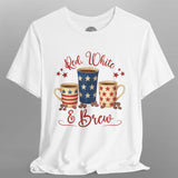 White t-shirt with 'Red, White & Brew' design featuring coffee mugs on a gray background