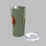 Green tumbler with a circular design on a white background