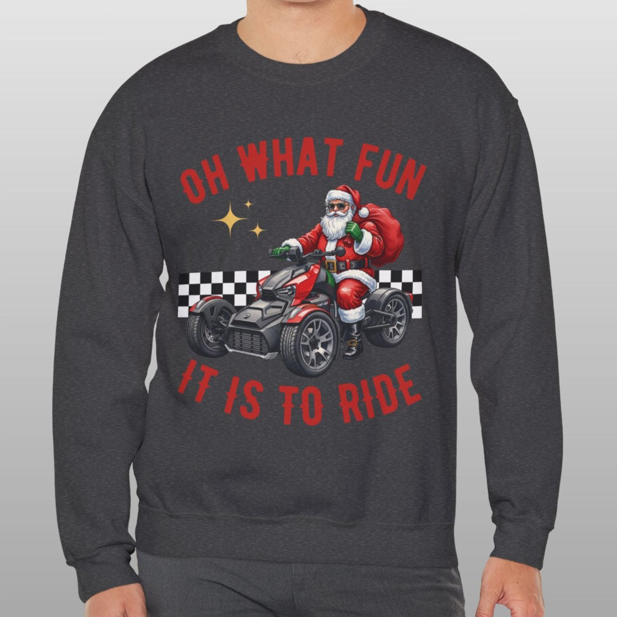 Person wearing a dark gray sweatshirt with a festive design and text on a light gray background