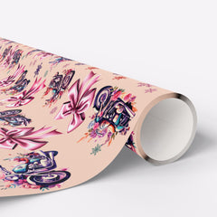 Cottagecore Motorcycle & Bows Gift Wrap | Peach Base