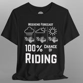 Black t-shirt with white graphic and text on a gray background