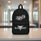 Black backpack with a white graphic of a vehicle and 'SLINGSHOT' text on a white background